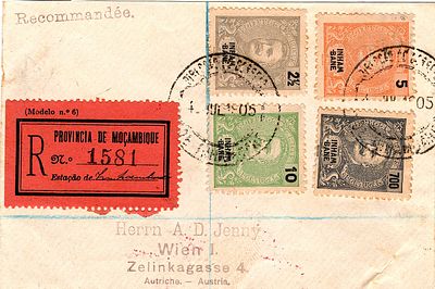 Inhambane. 1903 – D. Carlos I Mouchon. Sobrescrito circulado registado de Inhambane (04.07.05) 