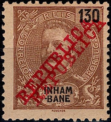 Inhambane * 1911 – D. Carlos I Mouchon, com sobrecarga “REPUBLICA” da Casa da Moeda. MF42, 130 
