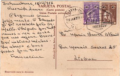 Inhambane * 1914 – Ceres. Postal ilustrado “Inhambane – batuque de guerra”, datado de Inhambane 