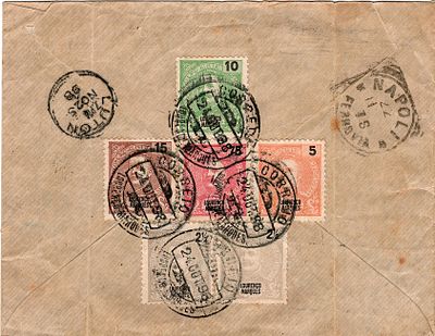 Louren&ccedil;o Marques * 1898/1903 – D. Carlos I Mouchon. Sobrescrito circulado registado de Louren&ccedil;o 