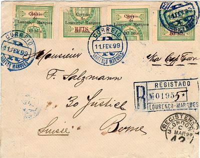 Louren&ccedil;o Marques * 1899 – Selos fiscais de Mo&ccedil;ambique, com sobretaxa. MF49, 50 r&eacute;is s/ 30 r&eacute;is 
