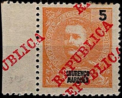 Louren&ccedil;o Marques * 1911 – D. Carlos I Mouchon, com sobrecarga “REPUBLICA” da Casa da Moeda. 