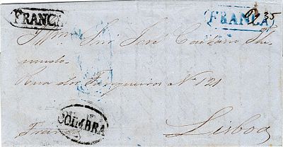 Coimbra / Franca / Rate paid + Lisbon / Franca – In black and blue, LF CBR PP1 on a letter 