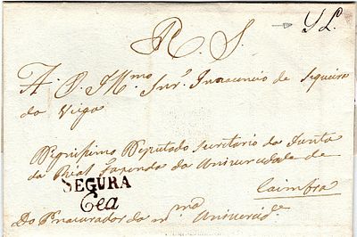 C&ecirc;a * Segura – LF SEI-S1 in letter dated Ervidal (28.03.28), insured in Seia, to Coimbra, rate 