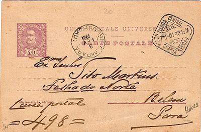 Portugal * 1899 – D. Carlos I Mouchon. OM33, 40 r&eacute;is, lilac-brown on cream cardstock. Postal 
