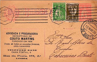 Portugal * 1921/22 – Ceres. Increased rate. OM68b, light pink on chamois cardstock. Postal 