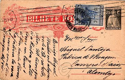 Portugal * 1928 – Ceres, J&uacute;lio Alves type. OM78, 25c, black, pink composition, cream cardstock. 