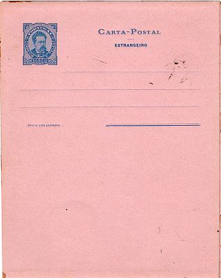 Portugal * 1887 – King Lu&iacute;s I, facing forward. Postcards. OM2, Proof of a 50 reis postcard in 