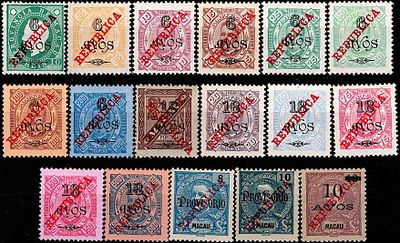 Macau * 1915 – King Lu&iacute;s I, right ribbon, and King Carlos I. Overtaxed stamps from 1902, with 