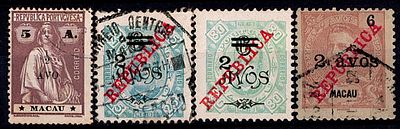 Macau * 1919 – D. Carlos I and Ceres, with surcharge, locally printed. MF 243/246. Complete 