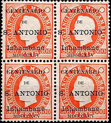 Inhambane * 1895 – D. Lu&iacute;s I, right ribbon. Mozambique stamps with the overlay “CENTENARIO DE 
