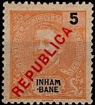 Inhambane * 1917 – D. Carlos I Mouchon, with the local overprint “REPUBLICA”. MF90, 5 r&eacute;is 