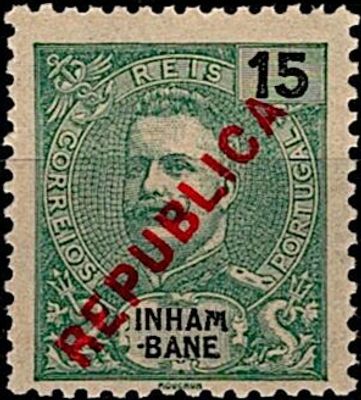 Inhambane * 1917 – D. Carlos I Mouchon, with the local overprint “REPUBLICA”. MF91, 15 r&eacute;is 