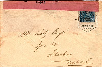 Louren&ccedil;o Marques * 1898 – D. Carlos I Mouchon. MF41, 100 r&eacute;is, blue on blue. Stamp in envelope 