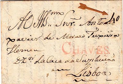 Chaves – In red, LF CHV2 on a letter dated from Chaves (September 26, 1811) to Lisbon, with a 