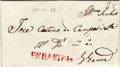 Penafiel – In red, LF PNF1 on a letter dated from Unh&atilde;o (17.04.28) to Viana, with a rate of 25 