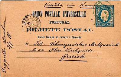 Portugal * 1879 — D. Lu&iacute;s I. Right ribbon. Embossed printing. OM4, 10 reis blue. "Sr." in 