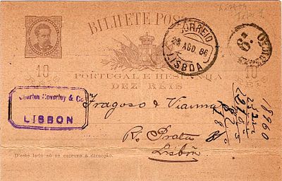 Portugal * 1884/87 – D. Lu&iacute;s I, facing forward. OM9, 10 r&eacute;is, light brown, chamois cardstock 