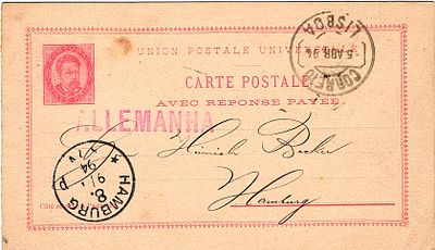 Portugal * 1884/87 – D. Lu&iacute;s I, facing forward. OM12, 20+20 r&eacute;is, pink on cream cardstock. Paid 