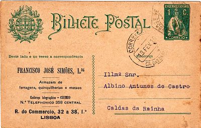 Portugal * 1912 – Ceres, with the National Coat of Arms on the left. OM59b, 1c, green, cream 