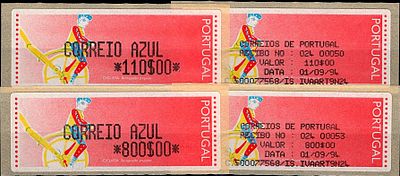 Portugal * 1992 – Popular Toys – Cyclist. MF ETQ6. Two labels with rate rates of 110$00 and 