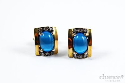 Brincos. Par de Brincos com pedra azul em Prata e Ouro Português, contraste Águia 925 e