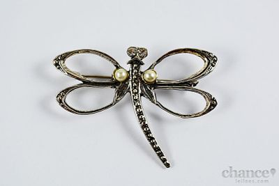 Alfinete em forma de libelinha com duas pérolas sintéticas e duas zircónias em Prata Portuguesa 