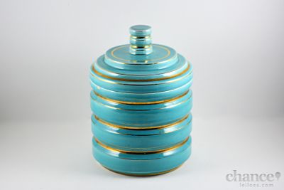 Caixa gomada Art Deco em Faian&ccedil;a de Alcoba&ccedil;a, Raul da Bernarda, decorada a azul turquesa com 