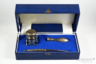 Pena, Sinete e Tinteiro com tampa em Prata Portuguesa, contraste &Aacute;guia com toque 833. Base do 