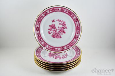 6 Pratos de Doce em Porcelana Portuguesa com decora&ccedil;&atilde;o floral rosa e bordo dourado. Marcados QN 