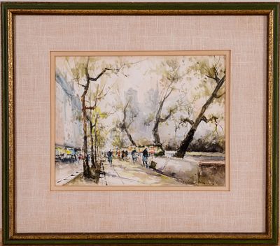 Parisian Street Scene Watercolor. Framed, 16 x 18 inches.