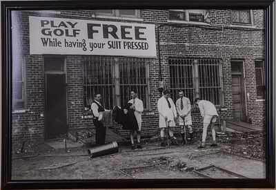 Print: Play Golf Free. Offset lithograph, framed, 26 x 38 inches.