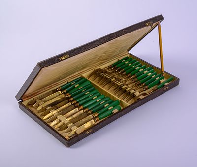 Bakelite Handled Fork and Knife Set. Includes 12 of each, forks 6 inches long. One knife with 