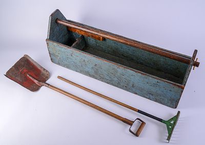 Antique Toolbox In Blue Paint. 13 x 34 x 10 inches. Together with two children's tools. Some 