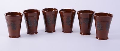 Six Studio Pottery Mugs. Height 5 inches, signed Henderson. Good condition.