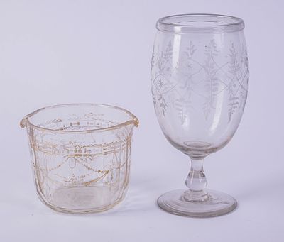 Two 19th Century Blown Glass Items. Large chalice, height 8.5 inches, and a double sided beaker 