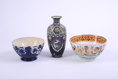 Three Decorative Table Objects. Cloissonne vase, height 7.5 inches (damaged), and two bowls.