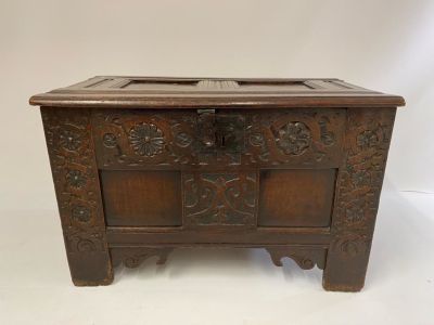 A good James 1 period oak chest, having a two-panel front and lid, lovely small size, original 