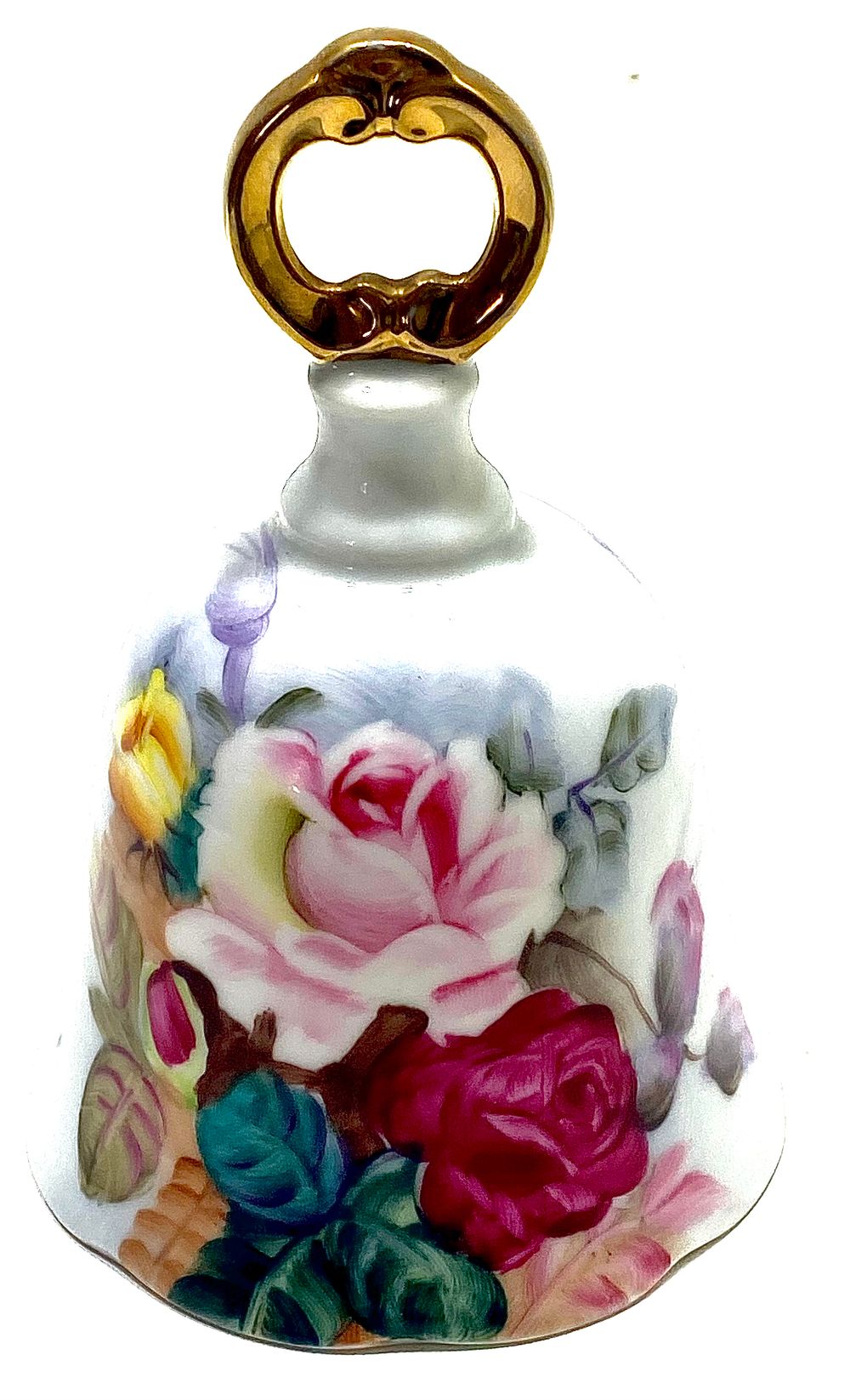 פעמון פורצלן שולחני, ציור עבודת יד אומן וידית זיגוג זהב 24 קארט, תוצרת יפן, חתום גם ע"י האומן 