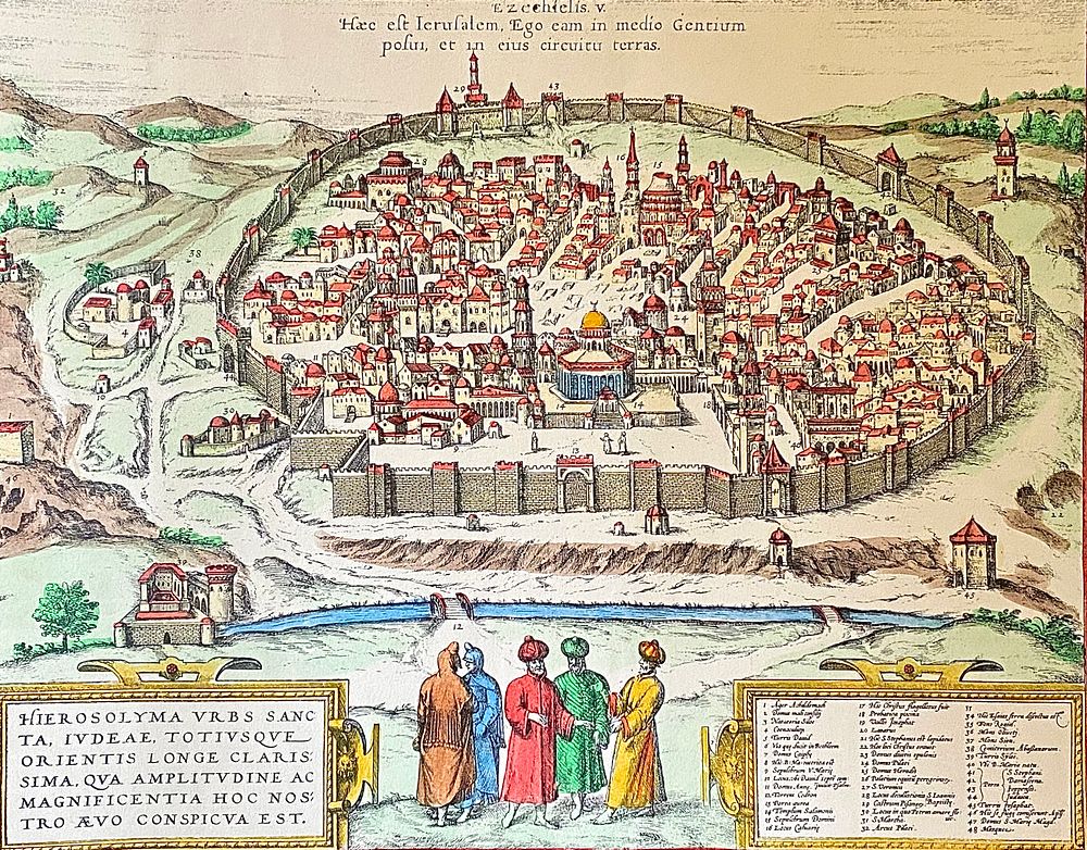 מפת ירושלים עתיקה
הדפס צבוע צבעי מים, 2 קרעים מחוץ למסגרת מפה, 48X37 ס"מ