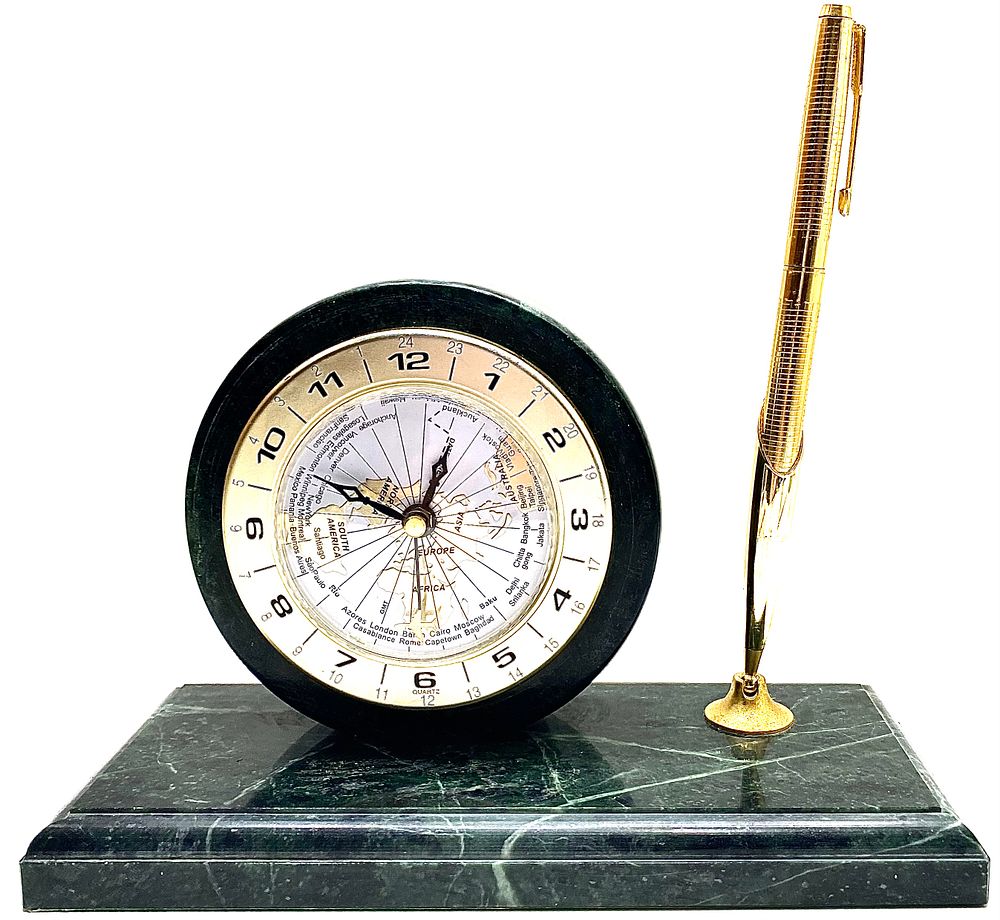 שעון קוורץ שולחני משולב מעמד לעט, וינטאג' שנות ה-80, גוף שיש, עט ציפורן (ללא ציפורן) מותאם גם 