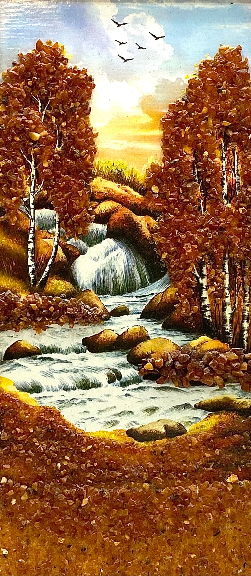 ציור אקריליק מקורי עבודת יד אומן בשילוב אפליקציה באבני ענבר, 32X16 ס"מ כולל מסגרת