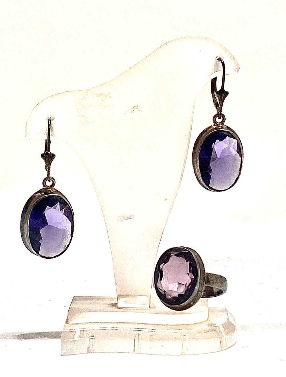 סט תכשיטי כסף 925 וינטאג', עגילים אורך 4 ס"מ, טבעת מידה 6.5, משובצים אבני חן