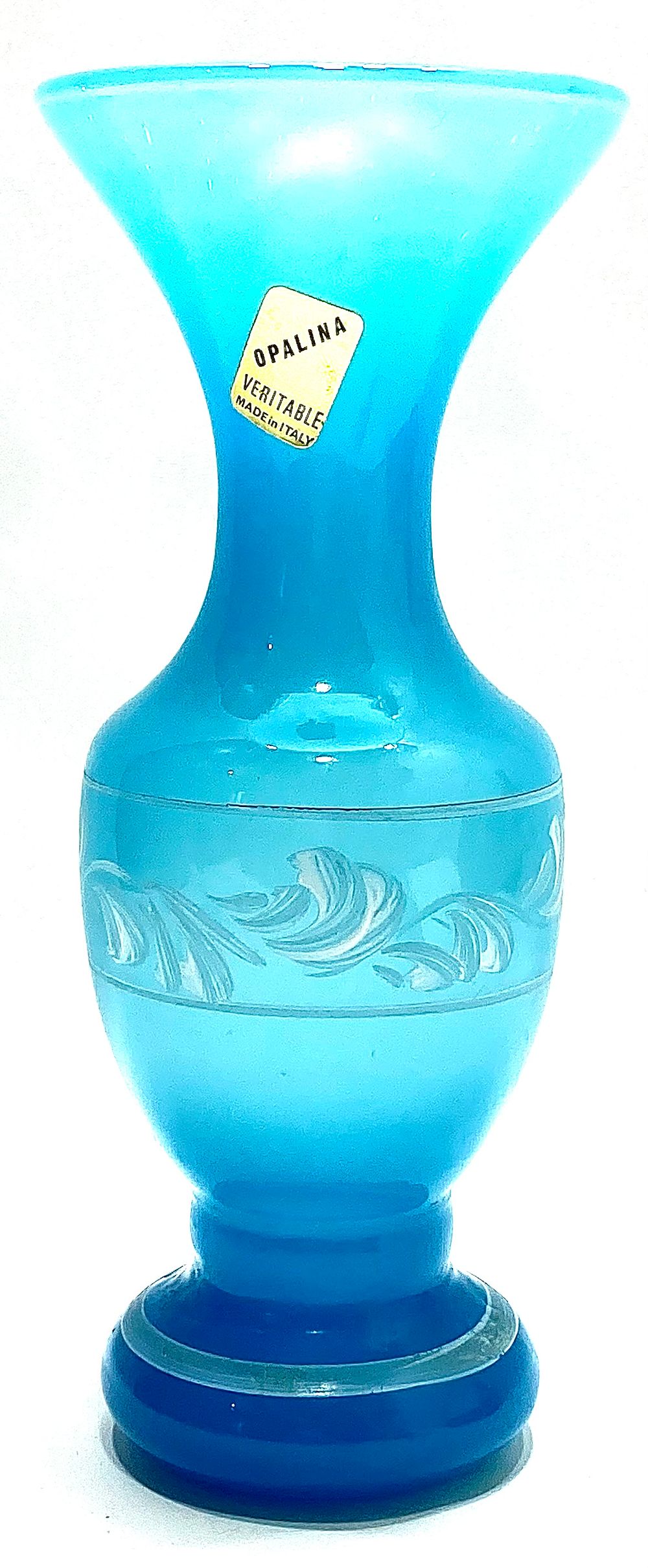 אגרטל זכוכית אופליסטית עם ציור עבודת יד, תוצרת VERITABLE ITALY, גובה 17 ס"מ, מדבקת מקור