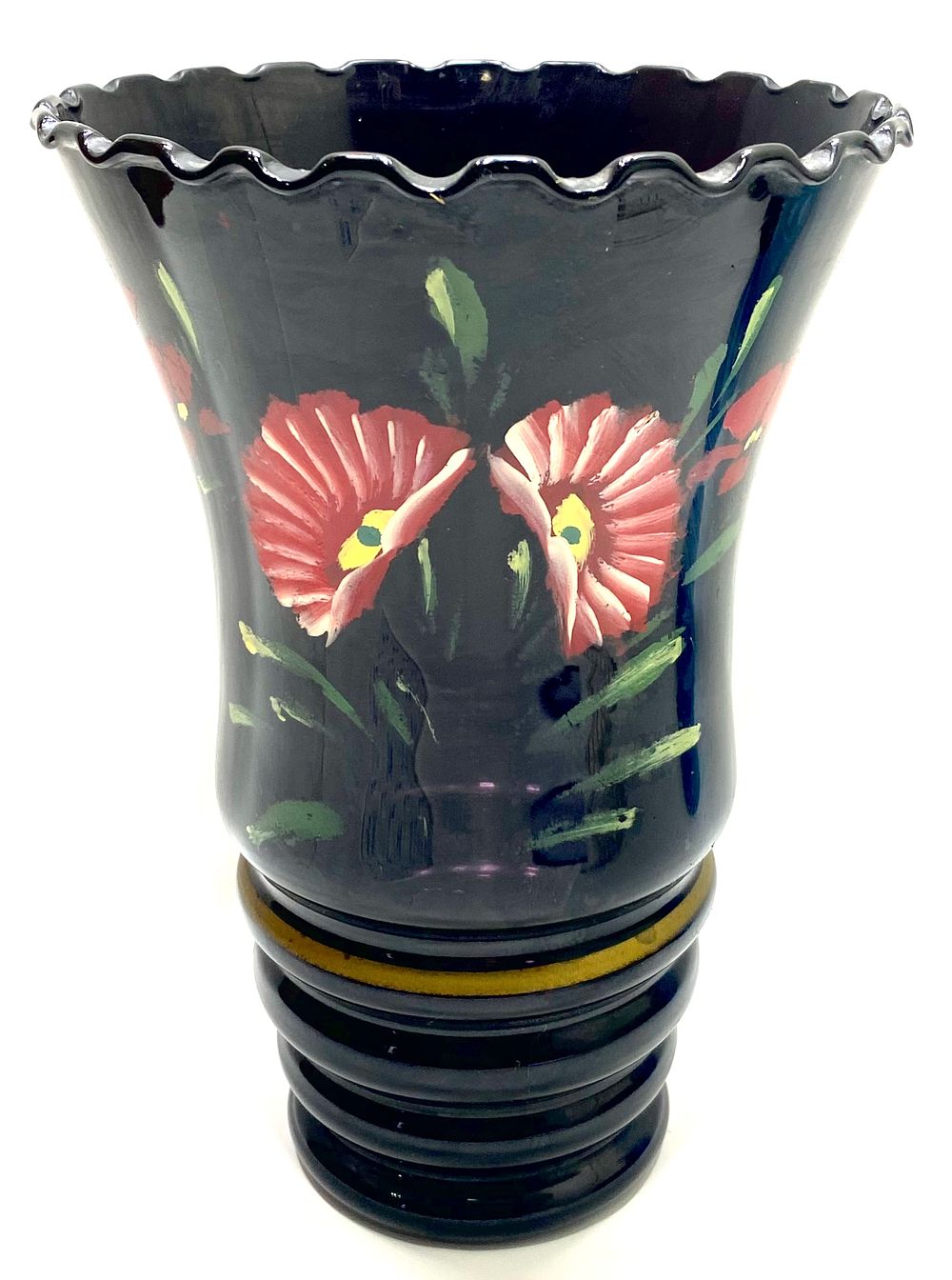 אגרטל זכוכית וינטאג' עם ציור עבודת יד, גובה 21 ס"מ, קוטר עליון 15 ס"מ