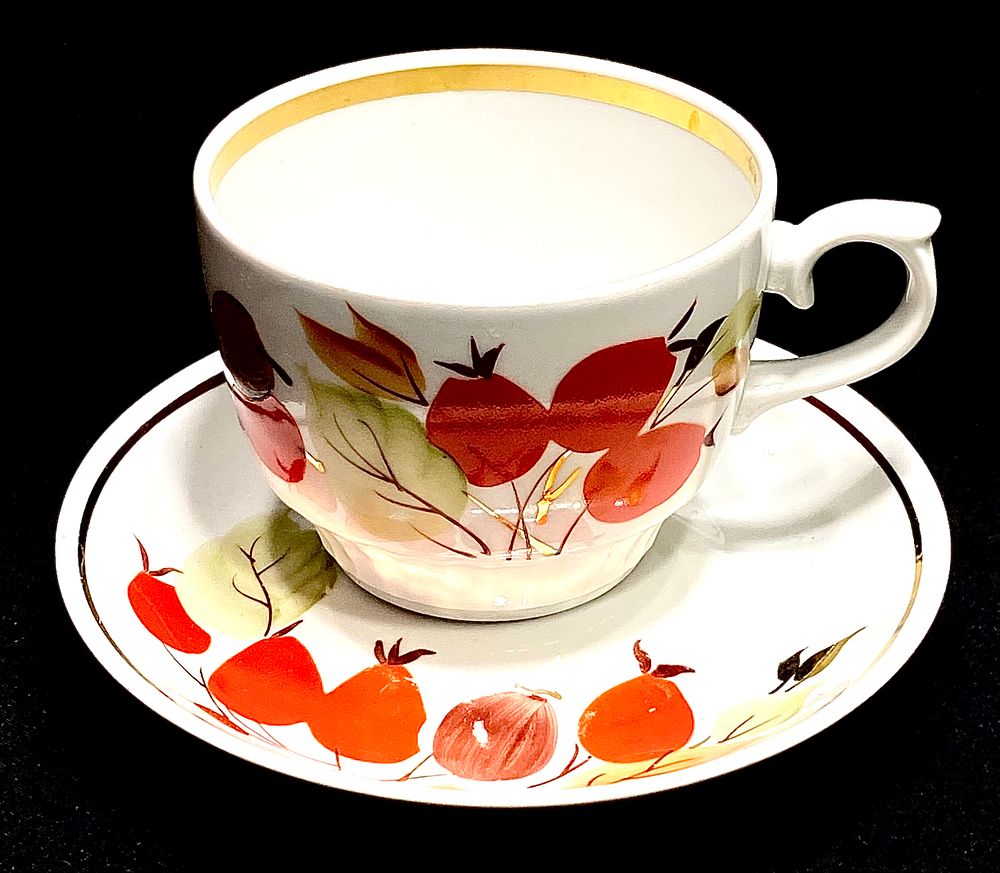 CZAIKA FINEUSSR PORZELAINE
ספל ותחתית פורצלן מרוסיה הקומוניסטית, שנות ה-60-70, חתום, ציור עבודת 