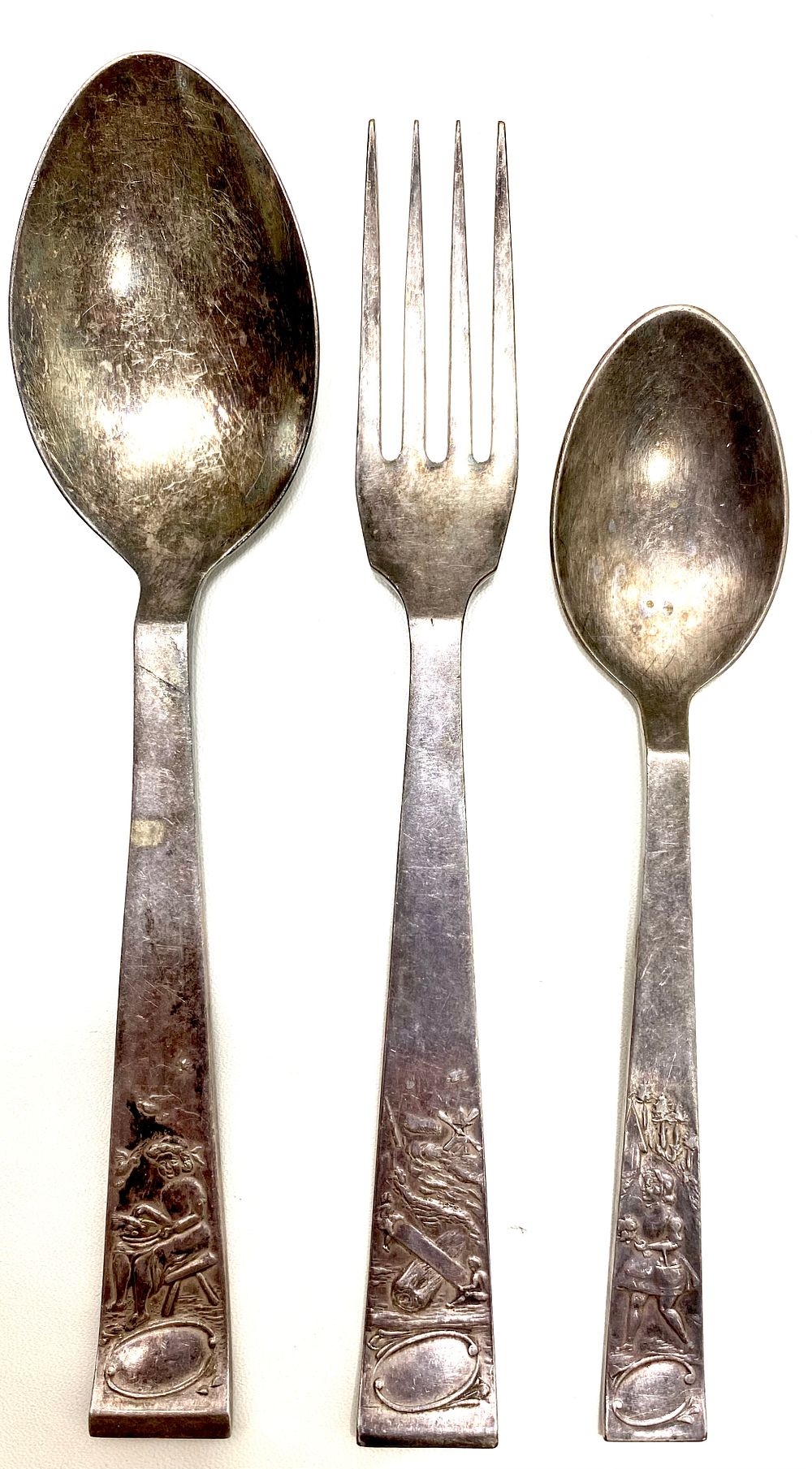 סכום ילידים, 3 חלקים, ברונזה מצופה כסף, וינטאג' ישראלי תוצרת "מכסף", חתומים, עבודת בלט יפה על ידיות