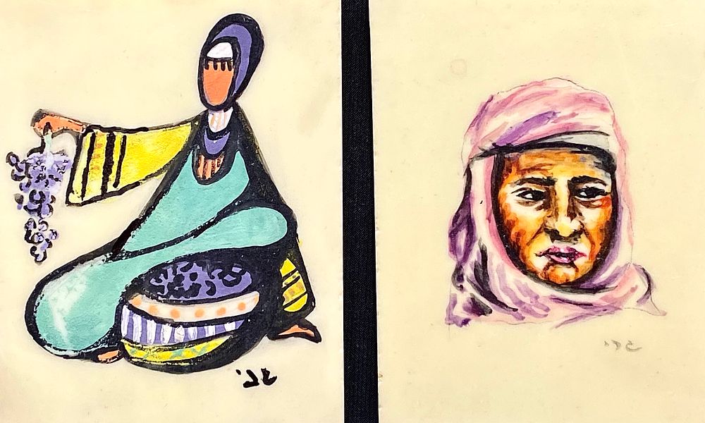 לאספני "תוצרת עבודת יד ישראלית":
צמד ציורים מיניאטוריים עבודת יד אומן על פלאק פרספקס, חתום, 8X7 