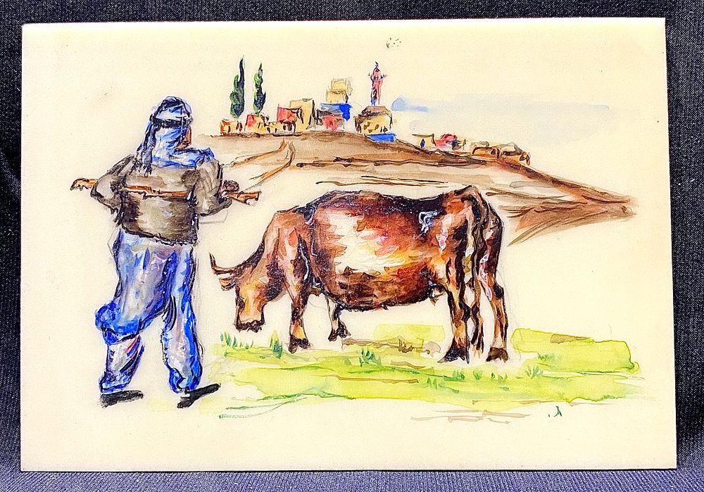 לאספני "תוצרת עבודת יד ישראלית":
ציור מיניאטורי עבודת יד אומן על פלאק פרספקס, חתום, 13X9 ס"מ