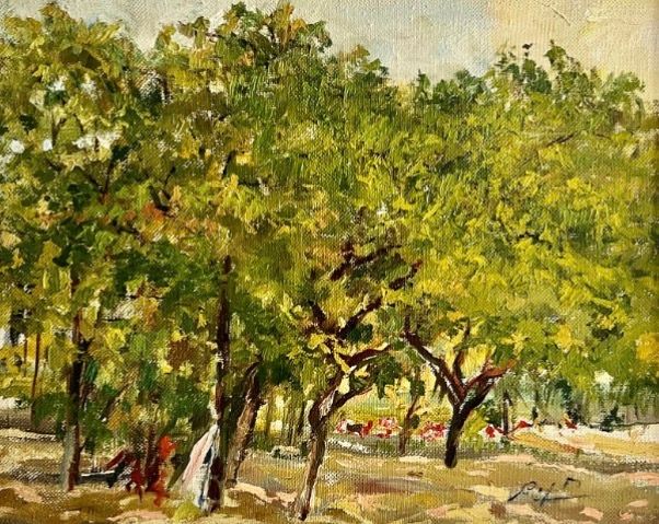 "בגן" FEDOR SOLMANOV פודור סולמנוב
שמן על בד במסגרת עץ משולבת בד יוטה, חתום ומתוארך 1992, 60X50 